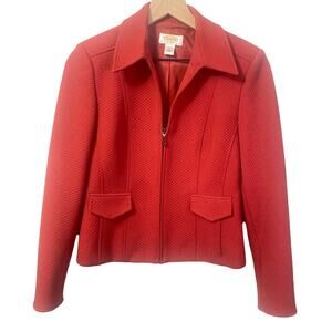 Talbots Quilted Textured Full Zip Moto Blazer Jacket Tomato Red Petite Sz 6